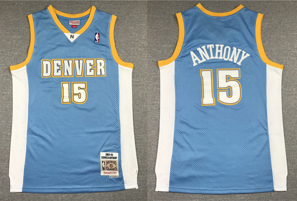 Men’s Denver Nuggets Retired Player #15 Carmelo Anthony Blue Hardwood Classics Throwback Jersey