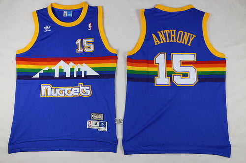 Men’s Denver Nuggets Retired Player #15 Carmelo Anthony Blue Rainbow Hardwood Classics Soul Swingman Throwback Jersey