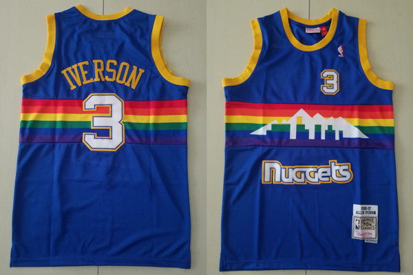 Men’s Denver Nuggets Retired Player #3 Allen Iverson Stitched Blue Rainbow Mitchell&Ness 2006-2007 Hardwood Classics Swingman Jersey