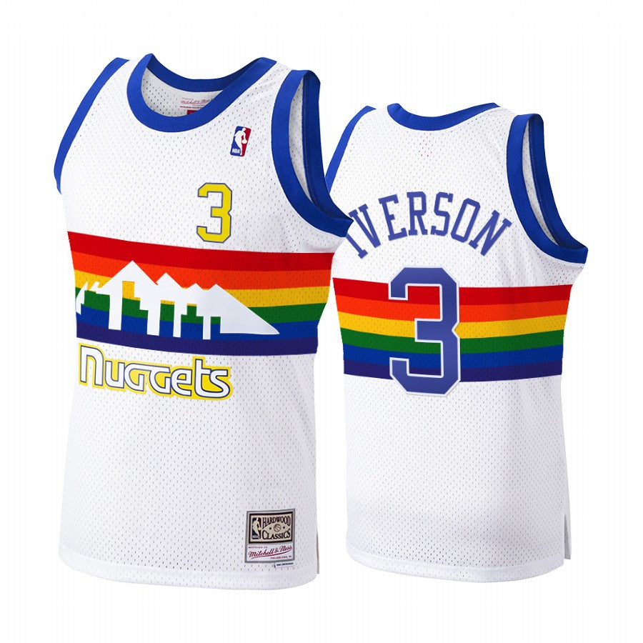 Men’s Denver Nuggets Retired Player #3 Allen Iverson White Rainbow Hardwood Classics Soul Swingman Throwback Jersey