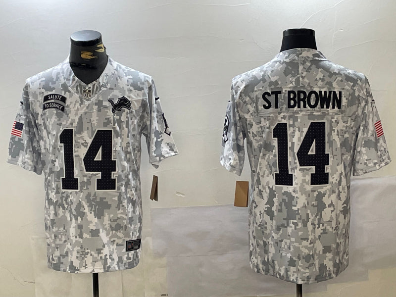 Men’s Detroit Lions Amon-Ra St. Brown #14 Arctic Camo 2024 Salute to Service Limited Jersey