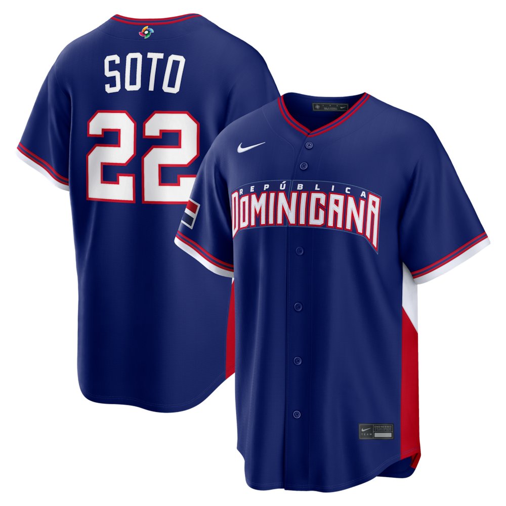 Men’s Dominican Republic Baseball #22 Juan Soto Royal 2026 World Baseball Classic Road Stadium Jersey