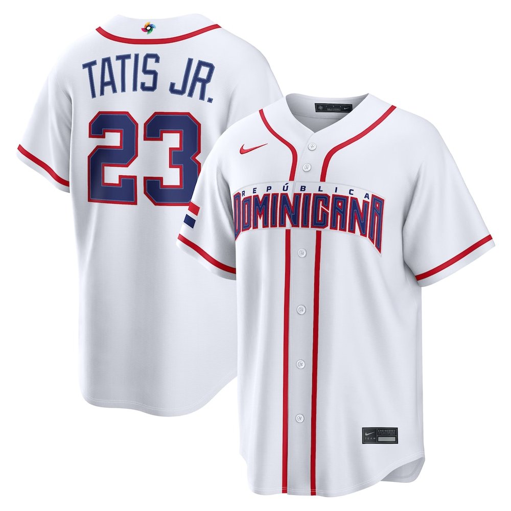 Men’s Dominican Republic Baseball #23 Fernando Tatis Jr. White 2026 World Baseball Classic Home Stadium Jersey