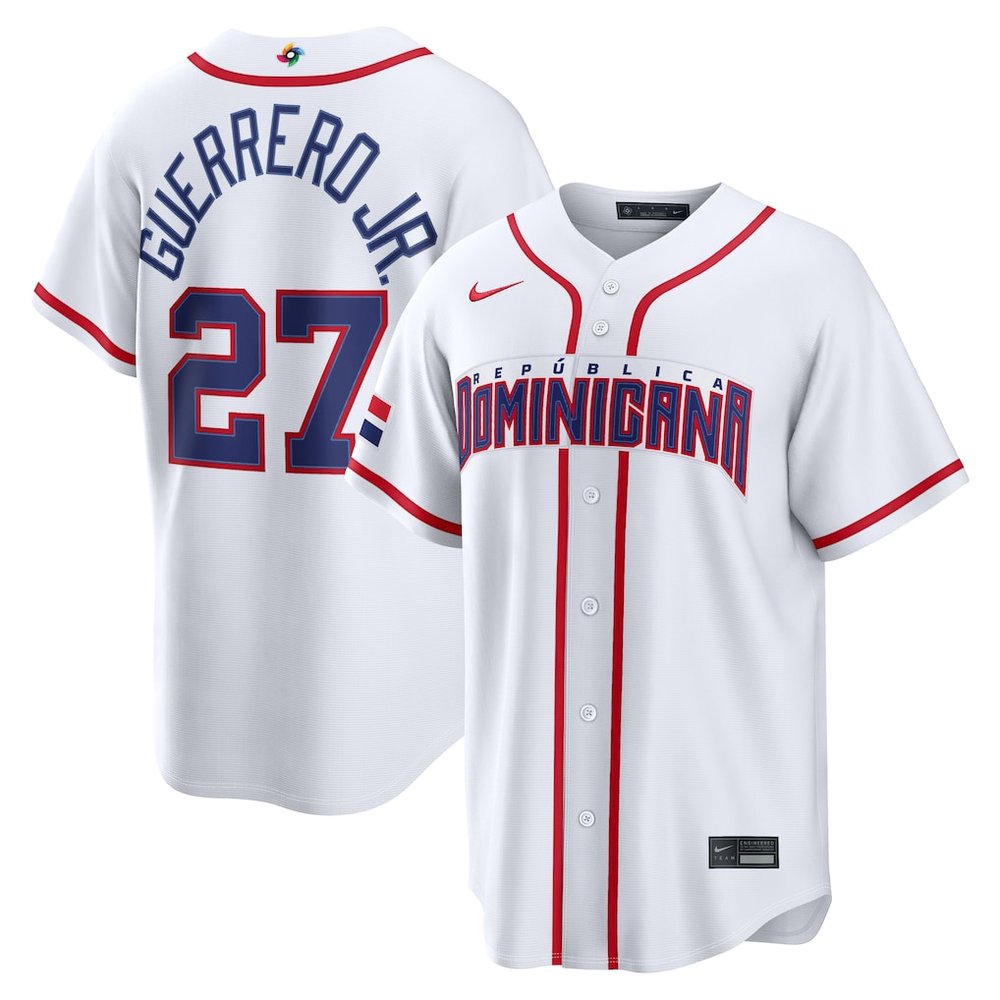 Men’s Dominican Republic Baseball #27 Vladimir Guerrero Jr. White 2026 World Baseball Classic Home Stadium Jersey