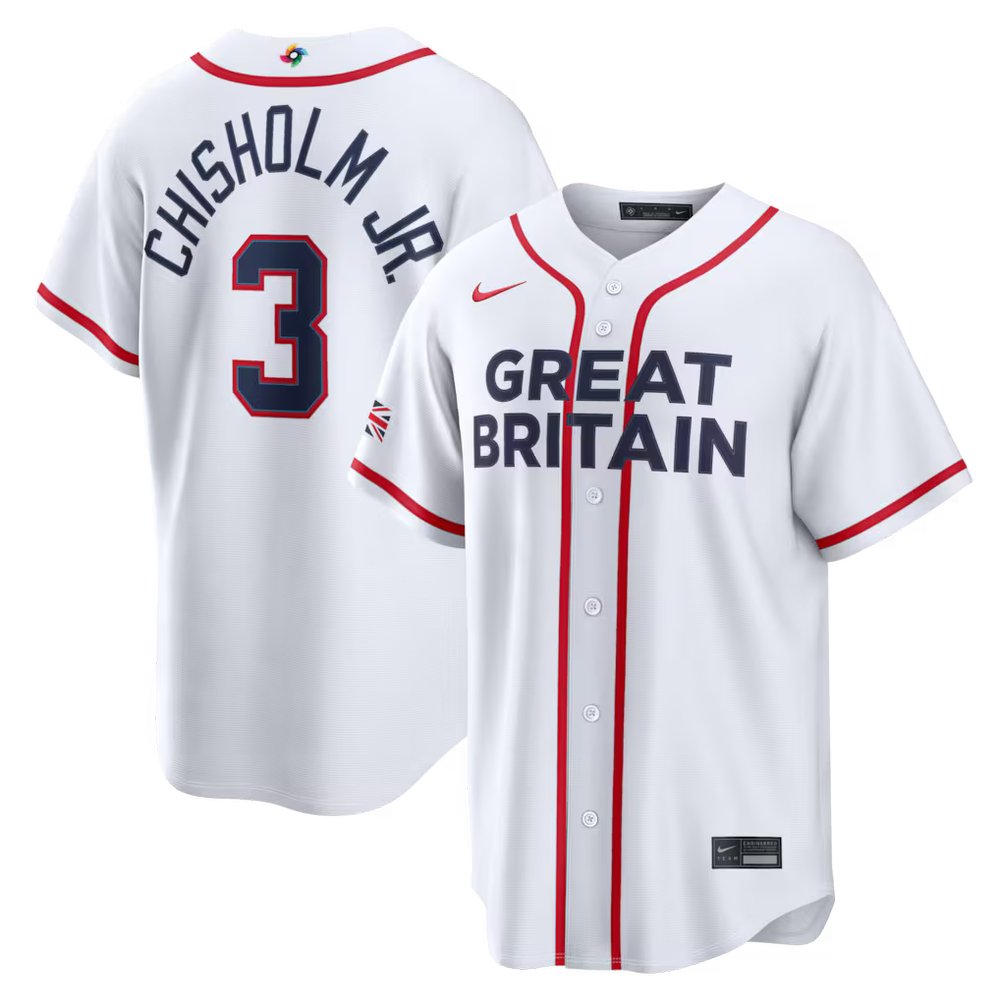 Men’s Great Britain Baseball #3 Jazz Chisholm Jr. White 2026 World Baseball Classic Home Stadium Jersey