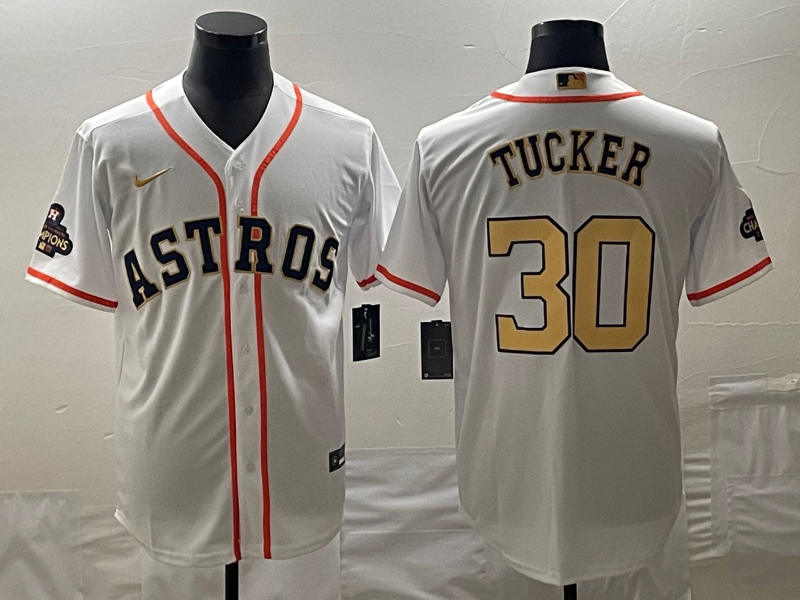 Men’s Houston Astros Kyle Tucker #30 White/Gold 2023 Gold Collection Jersey
