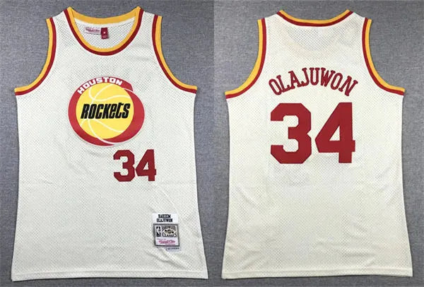 Mens Houston Rocket #34 Hakeem Olajuwon Mitchell & Ness Chainstitch Swingman Jersey – Cream