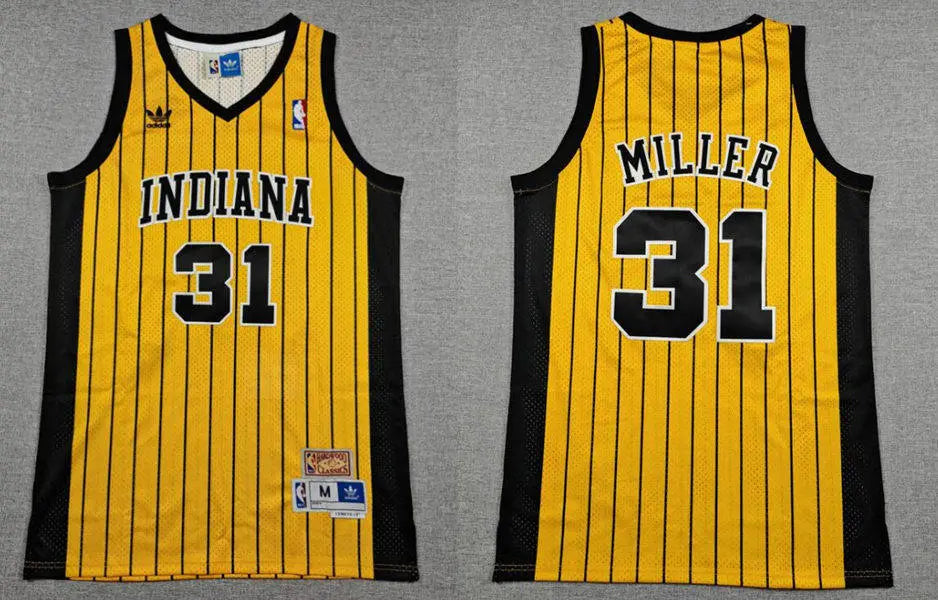 Men’s Indiana Pacers #31 Reggie Miller Gold Pinstripe Throwback Swingman Jersey
