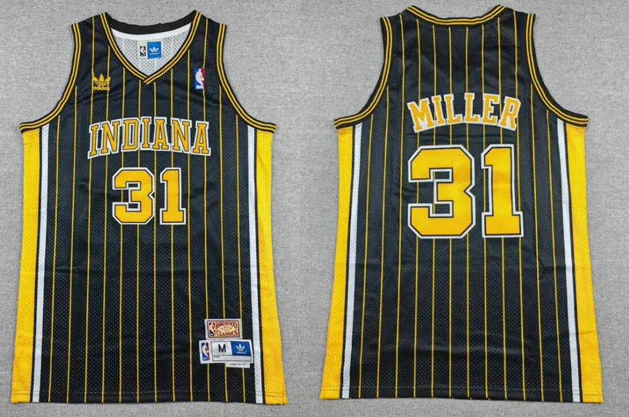 Men’s Indiana Pacers #31 Reggie Miller Navy Blue Pinstirpe Throwback Swingman Jersey