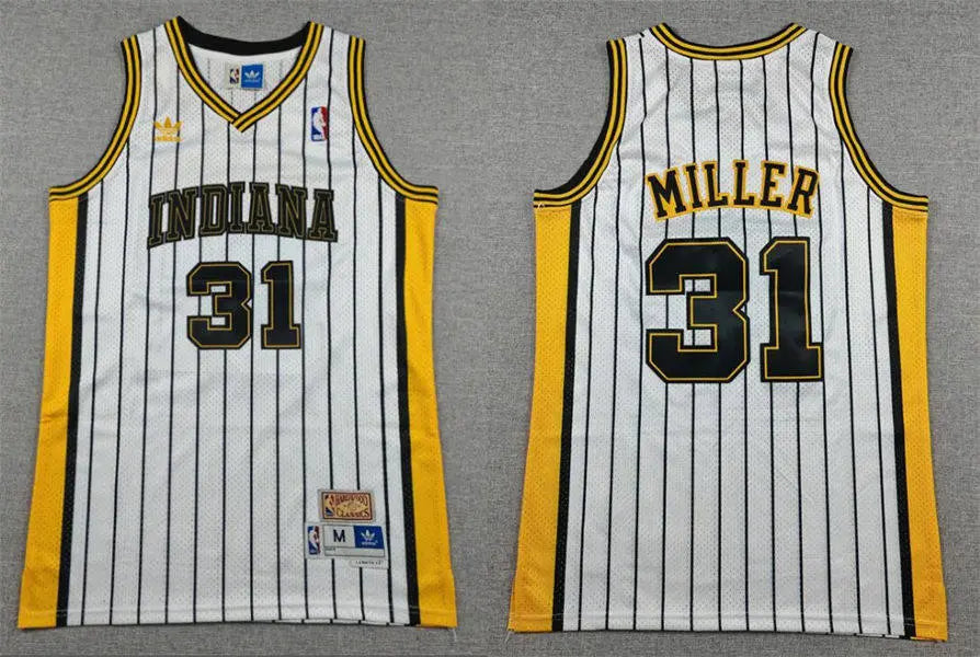 Men’s Indiana Pacers #31 Reggie Miller White With Pinstripe Throwback Swingman Jersey