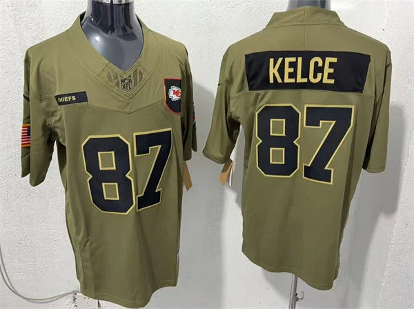Mens Kansas City Chiefs #87 Travis Kelce Nike 2025 Salute to Service Limited Jersey – Olive