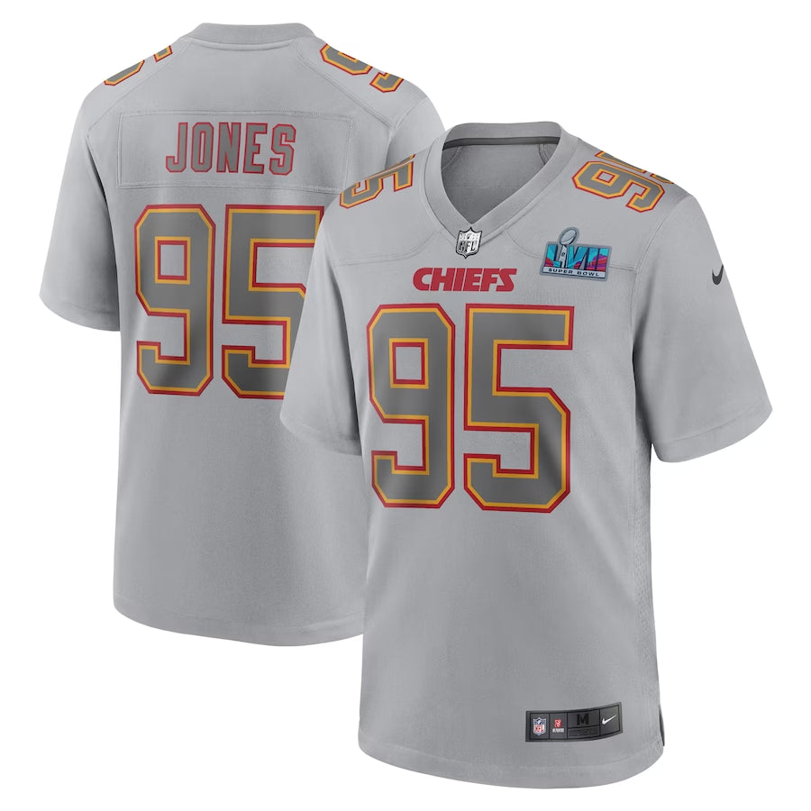 Men’s Kansas City Chiefs Chris Jones #95 Gray Super Bowl LVII Patch Atmosphere Jersey
