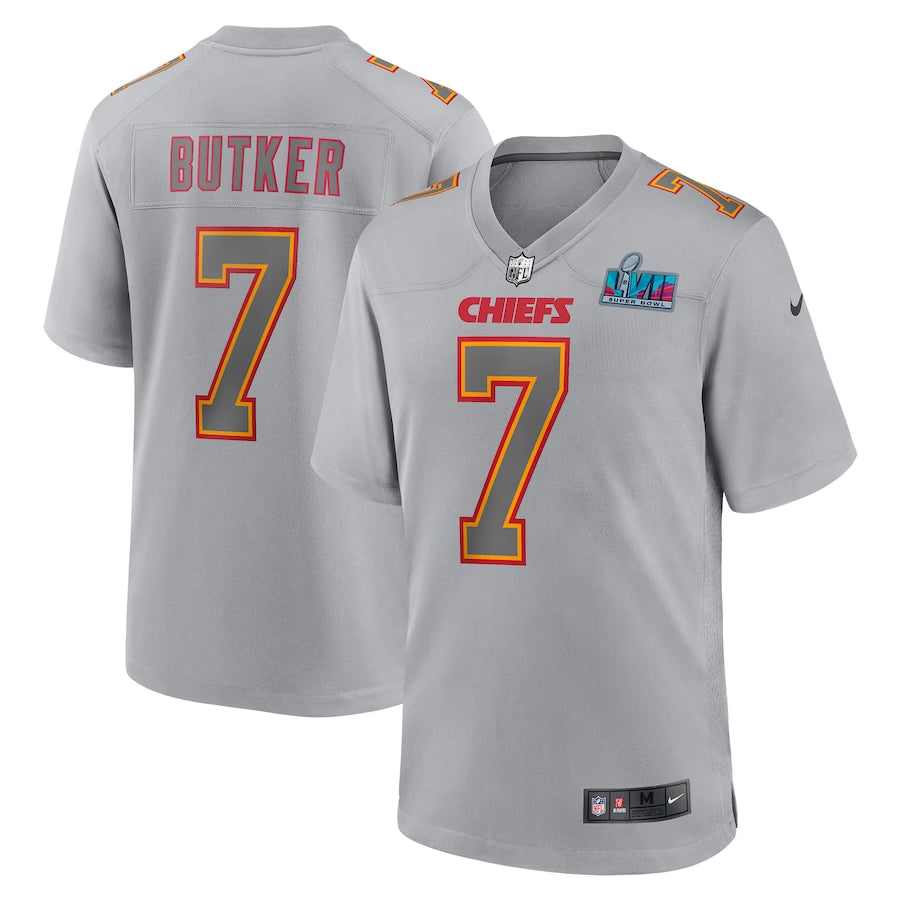 Men’s Kansas City Chiefs Harrison Butker #7 Gray Super Bowl LVII Patch Atmosphere Jersey
