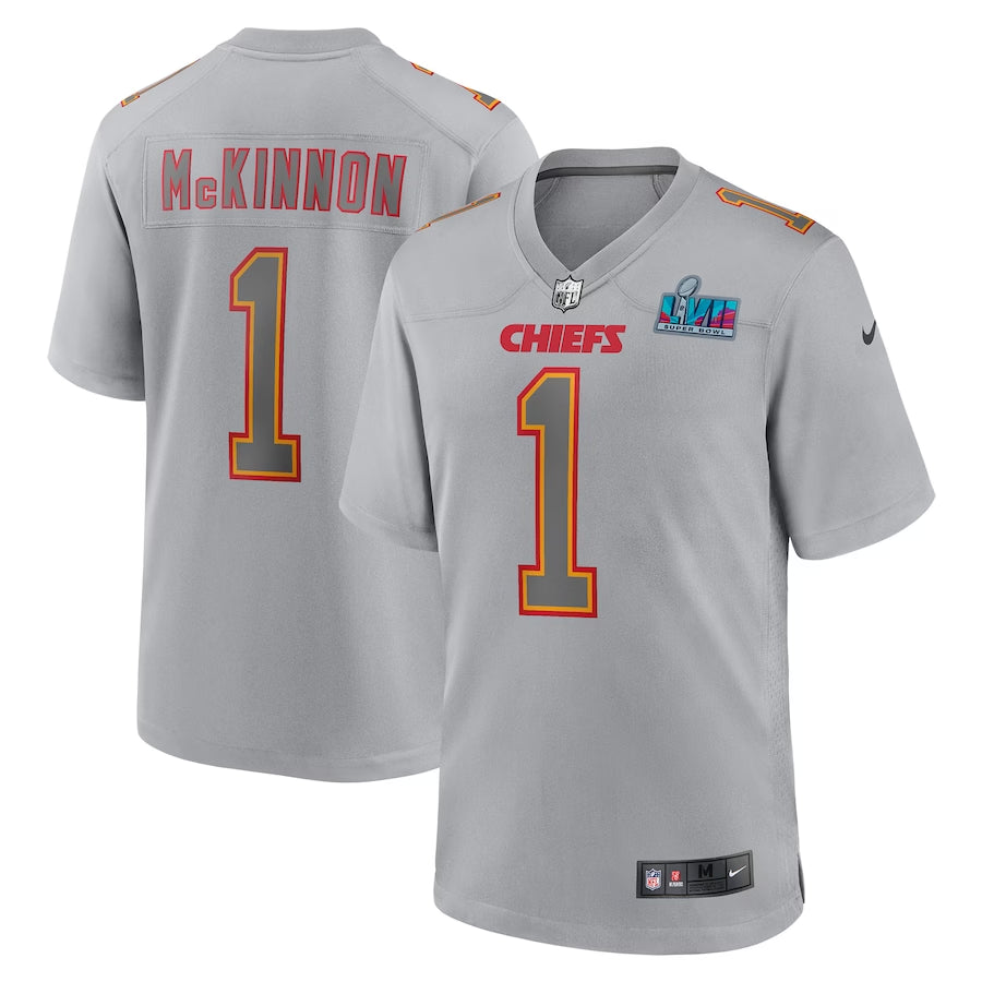 Men’s Kansas City Chiefs Jerick McKinnon #1 Gray Super Bowl LVII Patch Atmosphere Jersey