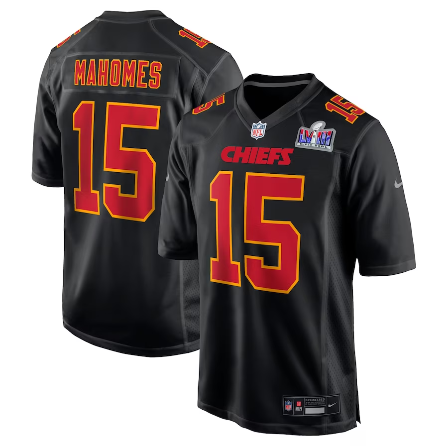 Men’s Kansas City Chiefs Patrick Mahomes #15 Black Super Bowl LVIII Carbon Jersey