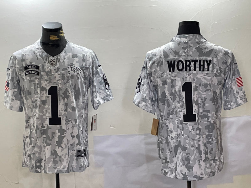 Men’s Kansas City Chiefs Xavier Worthy #1 Arctic Camo 2024 Salute to Service Limited Jersey