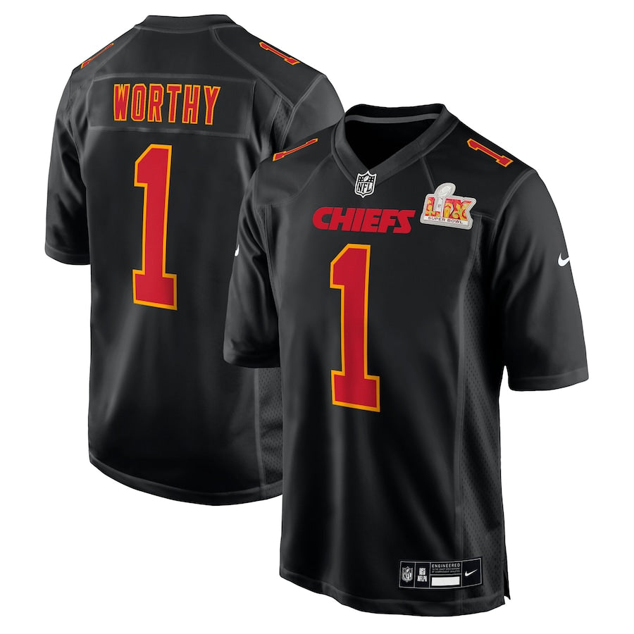 Men’s Kansas City Chiefs Xavier Worthy #1 Carbon Black Super Bowl LIX Jersey