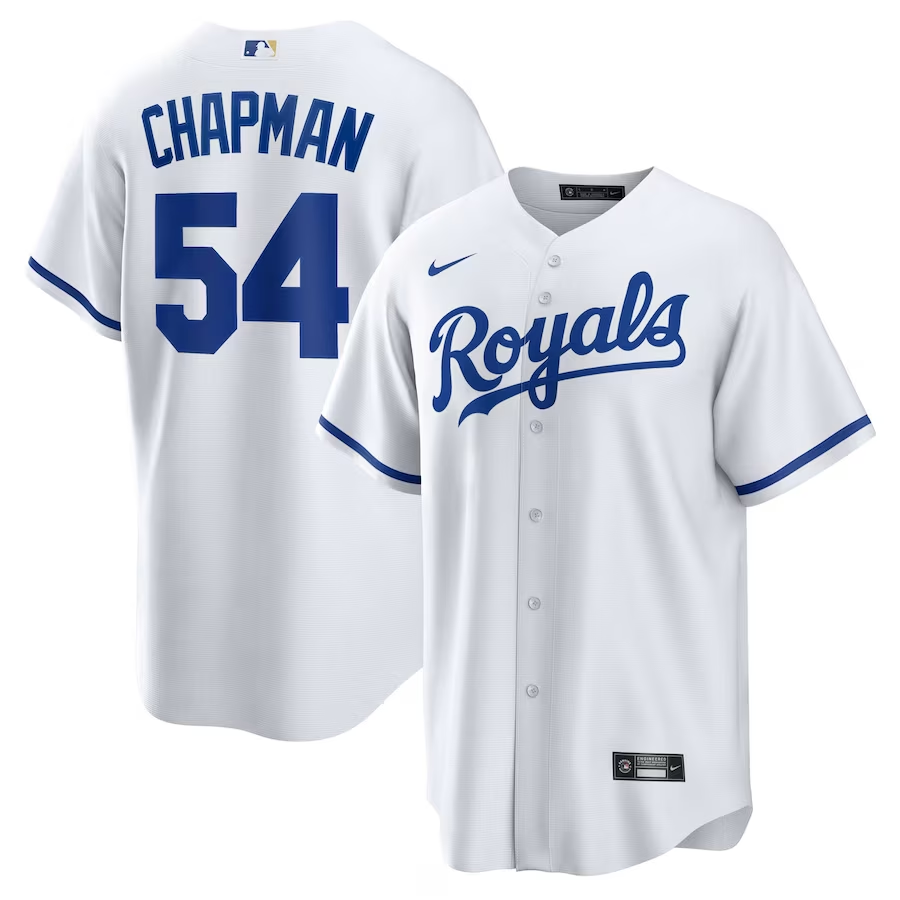 Men’s Kansas City Royals Aroldis Chapman #54 White Home Jersey