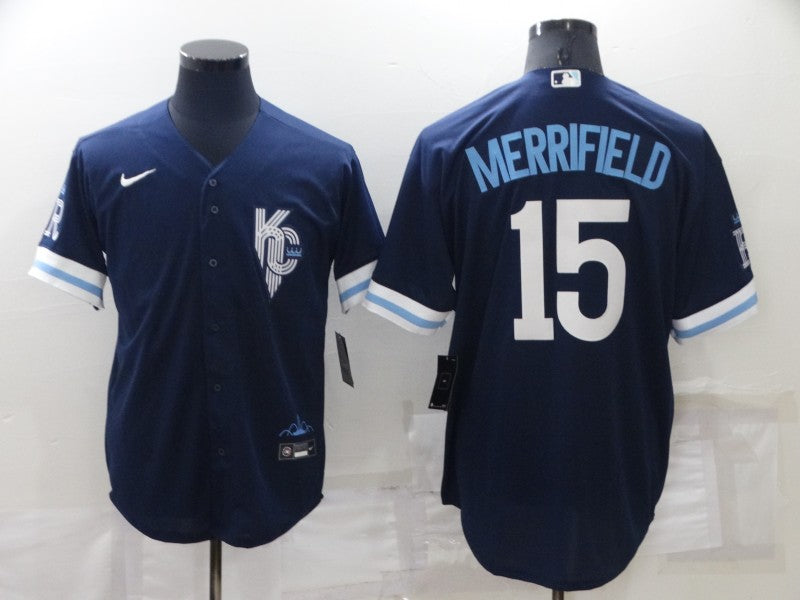 Men’s Kansas City Royals Whit Merrifield #15 Navy Baseball Jersey
