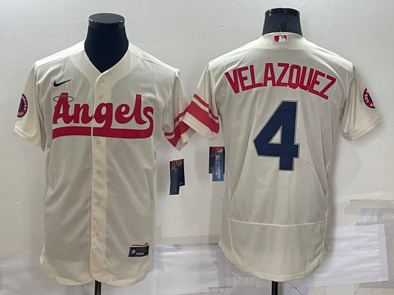 Men’s Los Angeles Angels Andrew Velazquez #4 Beige Stitched Jersey