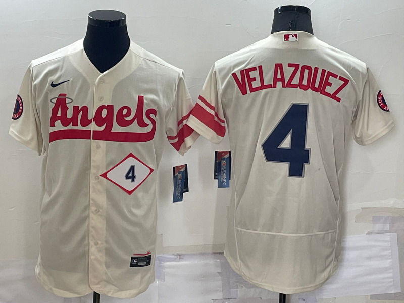 Men’s Los Angeles Angels Andrew Velazquez #4 Beige Stitched Jersey