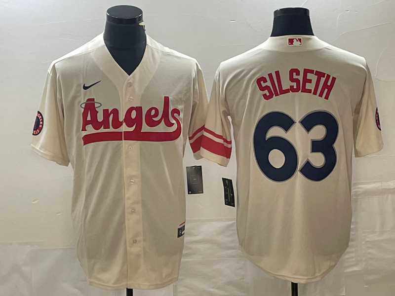 Men’s Los Angeles Angels Chase Silseth #63 Cream 2022 City Connect Jersey