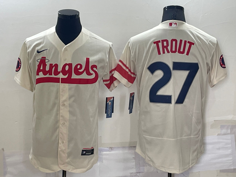 Men’s Los Angeles Angels Mike Trout #27 Beige Stitched Jersey