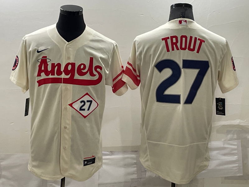 Men’s Los Angeles Angels Mike Trout #27 Beige Stitched Jersey