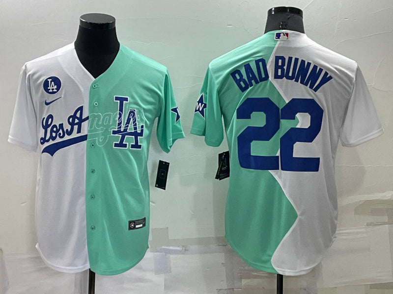 Men’s Los Angeles Dodgers Bad Bunny #22 White/Green Baseball Jersey