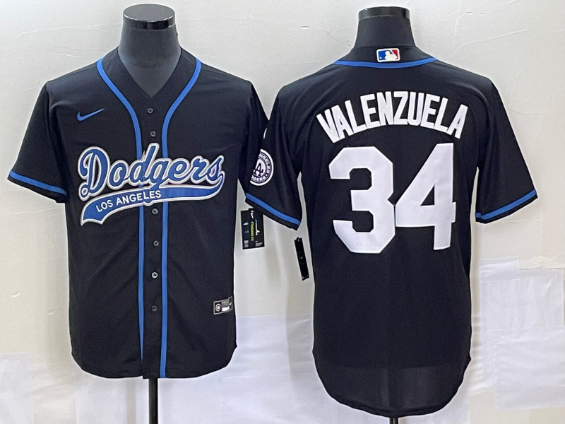 Men’s Los Angeles Dodgers Fernando Valenzuela #34 Black Jersey Joint Edition