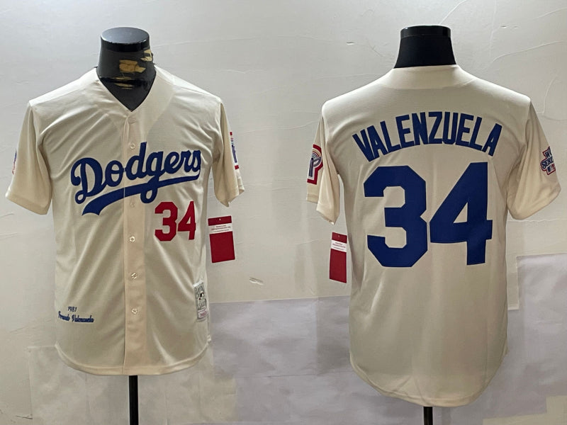 Men’s Los Angeles Dodgers Fernando Valenzuela #34 Cream 1981 World Series Baseball Jersey
