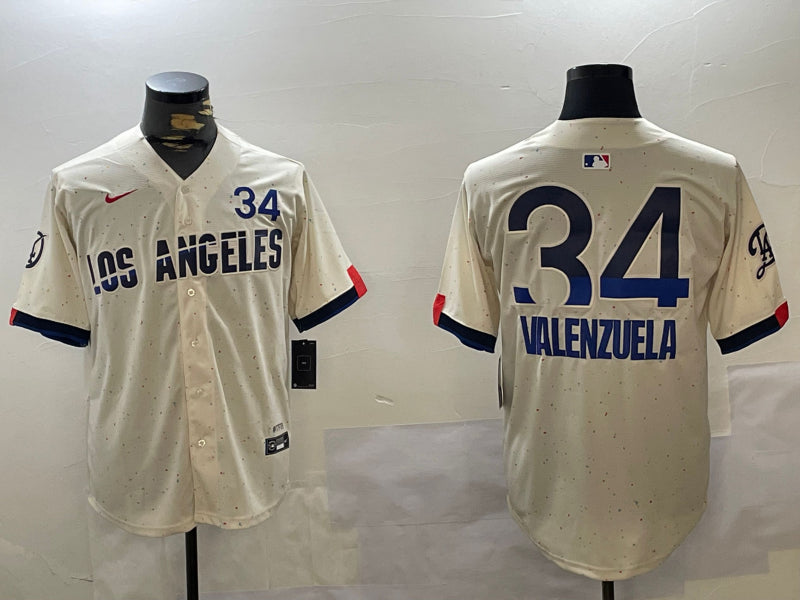 Men’s Los Angeles Dodgers Fernando Valenzuela #34 Cream 2024 World Series Champions City Connect Limited Jersey