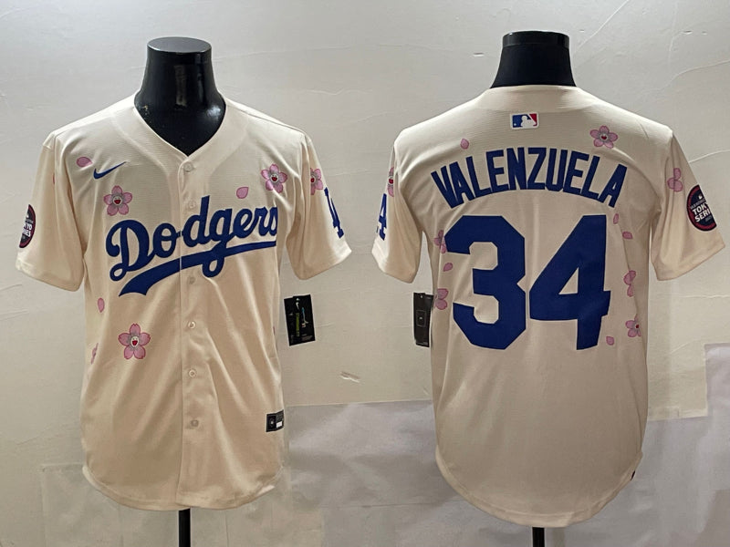 Men’s Los Angeles Dodgers Fernando Valenzuela #34 Cream Jersey