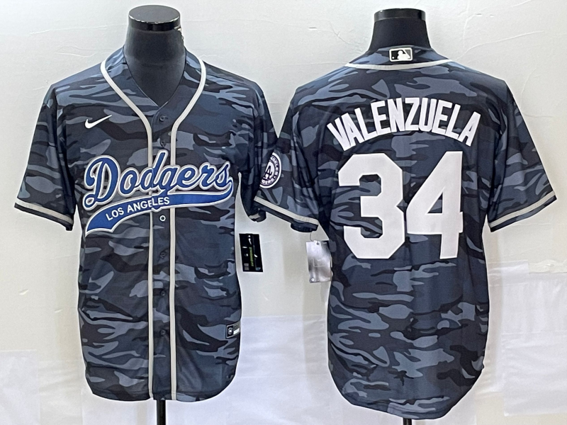 Men’s Los Angeles Dodgers Fernando Valenzuela #34 Grey Camouflage Jersey Joint Edition