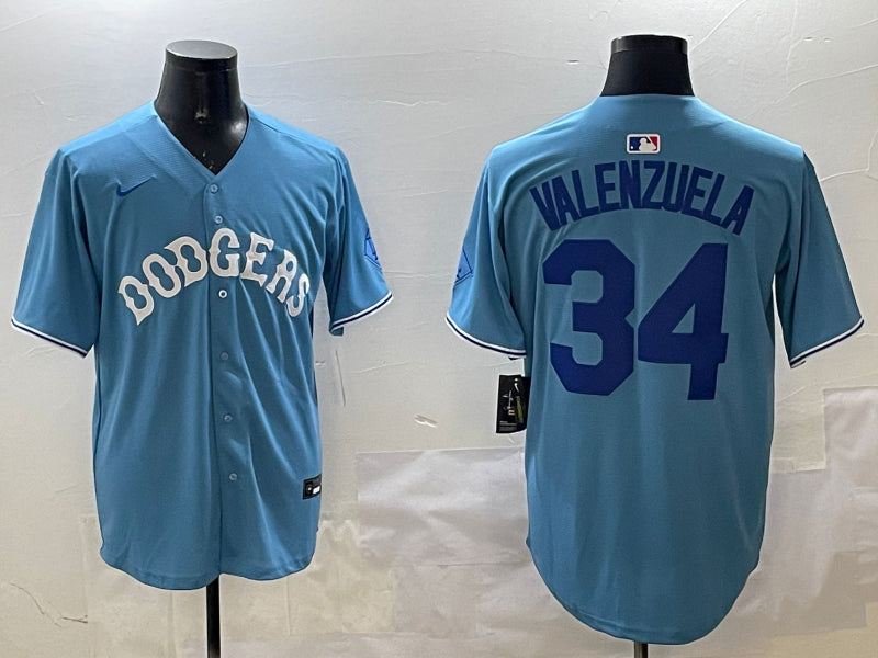 Men’s Los Angeles Dodgers Fernando Valenzuela #34 Light Blue Jersey