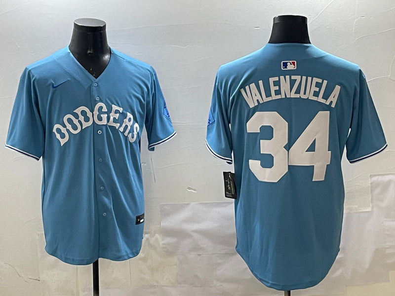 Men’s Los Angeles Dodgers Fernando Valenzuela #34 Light Blue Limited Jersey