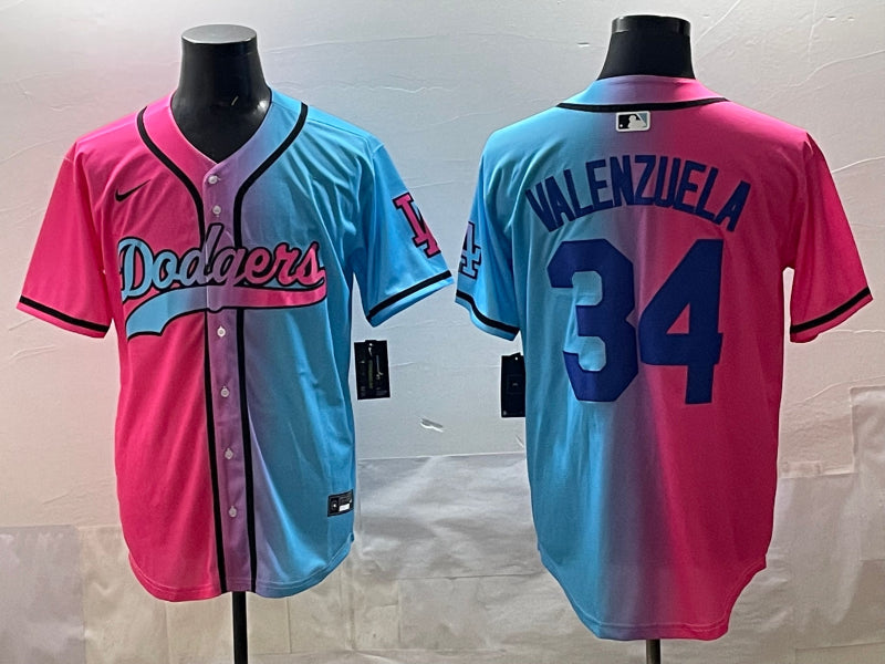 Men’s Los Angeles Dodgers Fernando Valenzuela #34 Pink/Blue Jersey