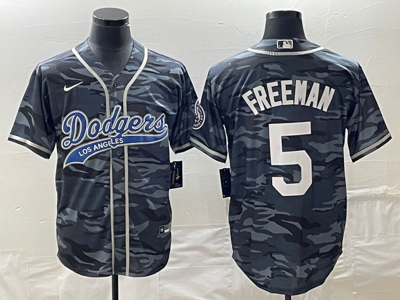 Men’s Los Angeles Dodgers Freddie Freeman #5 Grey Camouflage Jersey Joint Edition