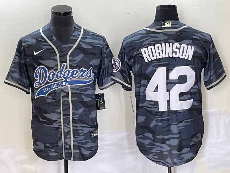 Men’s Los Angeles Dodgers Jackie Robinson #42 Grey Camouflage Jersey Joint Edition