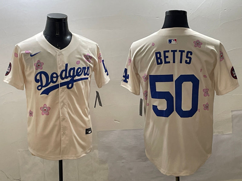 Men’s Los Angeles Dodgers Mookie Betts #50 Cream Jersey