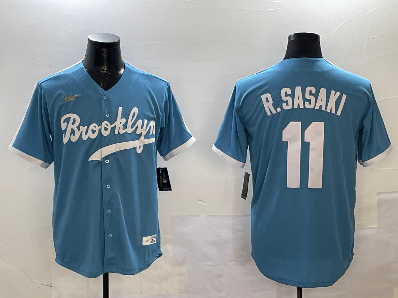Men’s Los Angeles Dodgers Roki Sasaki #11 Light Blue Cooperstown Collection Jersey