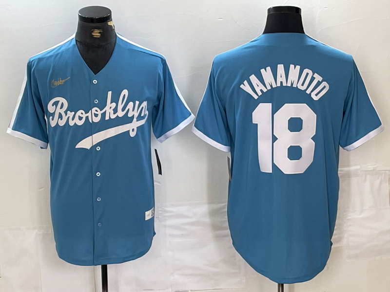 Men’s Los Angeles Dodgers Yoshinobu Yamamoto #18 Light Blue Alternate Cooperstown Collection Jersey