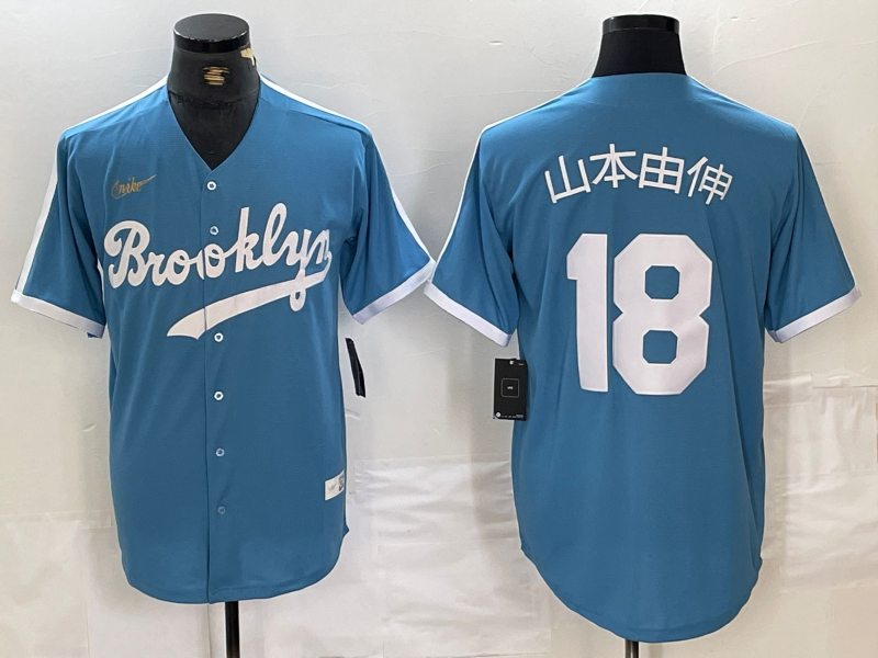 Men’s Los Angeles Dodgers Yoshinobu Yamamoto #18 Light Blue Cooperstown Collection Jersey