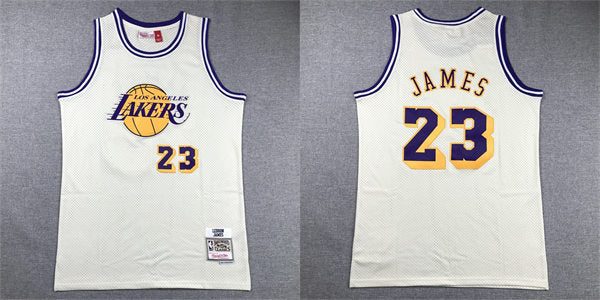 Mens Los Angeles Lakers #23 LeBron James Mitchell & Ness Chainstitch Swingman Jersey – Cream