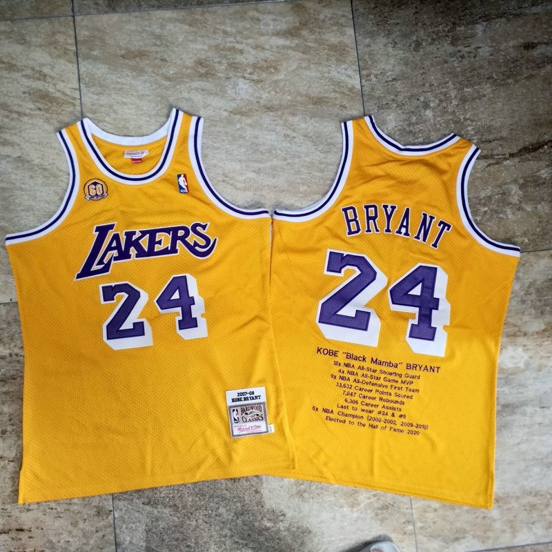 Men’s Los Angeles Lakers #24 Kobe Bryant 2007-08 Yellow honors Edition Hardwood Classics Jersey