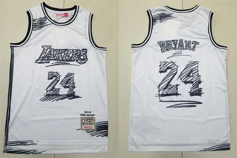 Mens Los Angeles Lakers #24 Kobe Bryant White sketch designed 2007-08 Throwback Jersey
