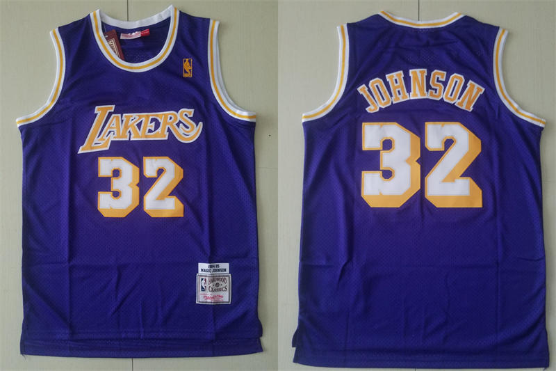Men’s Los Angeles Lakers #32 Magic Johnson 1984-85 Purple Swingman Throwback Jersey