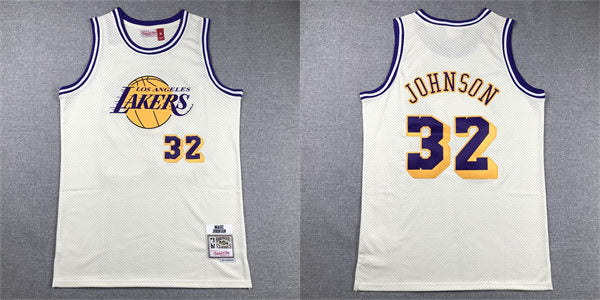Mens Los Angeles Lakers #32 Magic Johnson Mitchell & Ness Chainstitch Swingman Jersey – Cream