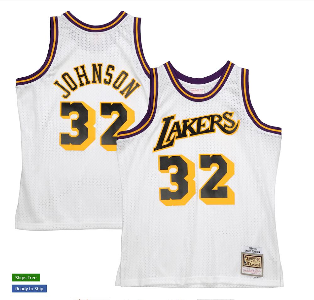 Men’s Los Angeles Lakers #32 Magic Johnson White Mitchell & Ness 1984-85 Hardwood Classics Reload 2.0 Jersey