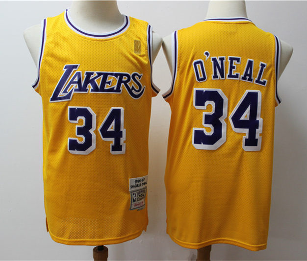 Mens Los Angeles Lakers #34 Shaquille O’Neal 1996-97 Gold Throwback Jersey